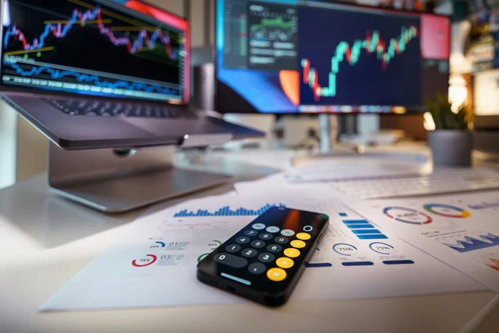 analysis tools on laptop screens and calculator used on a phone